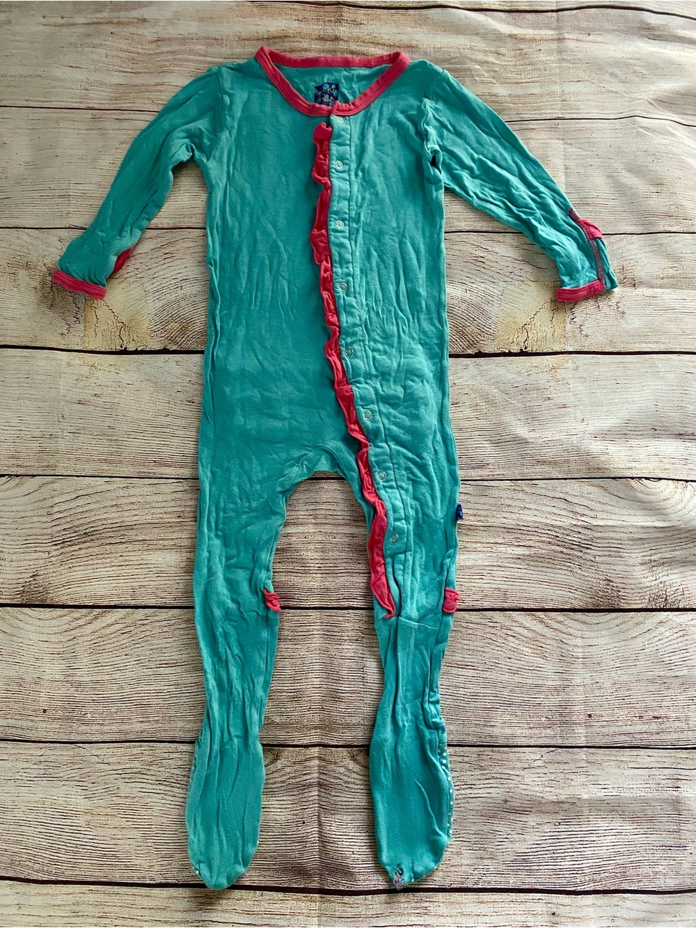 Kickee Pants Turquoise Footed One-Piece with Pink Trim